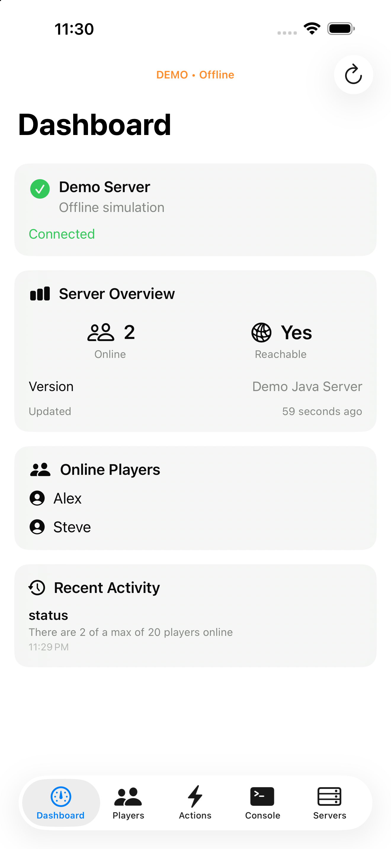 Block Steward dashboard in offline demo mode, showing connection status, two sample players, and recent activity.